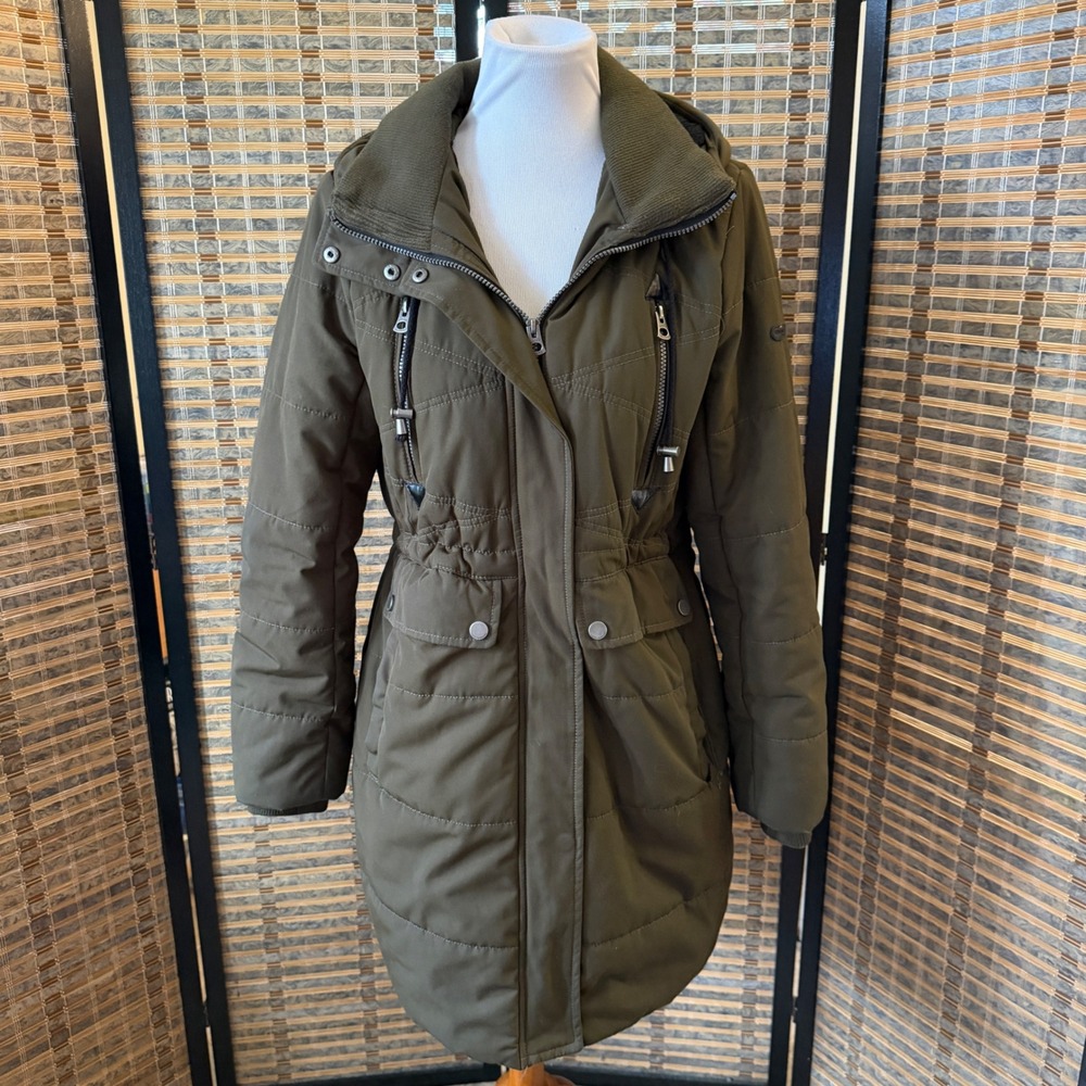 Lucky Brand Parka‎ Jacket Women Medium Olive Green Quilted Faux Fur Hood Coat
